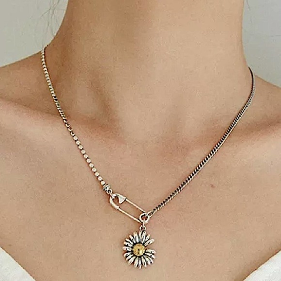Sunflower Sterling Silver Chain Safety Pin Charm Necklace - Picture 3 of 7